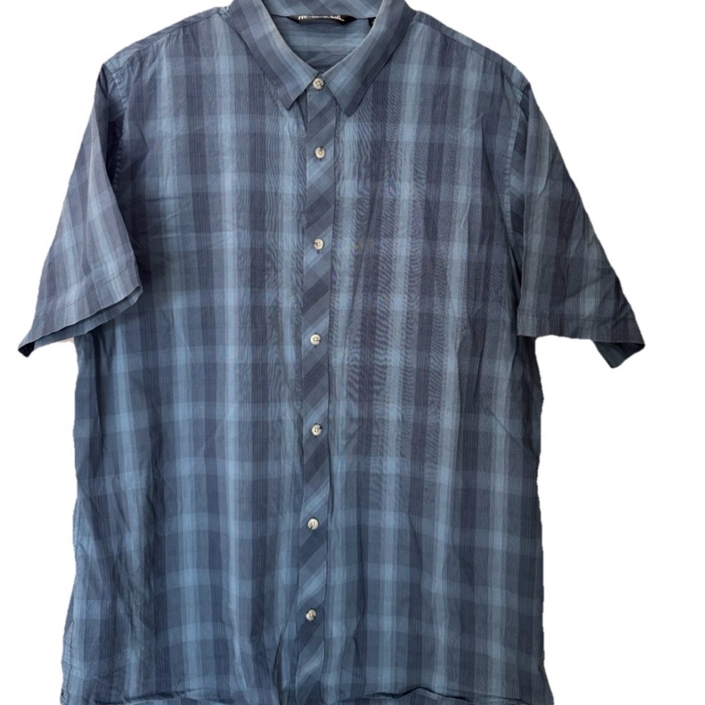 Travis Mathew Men's XL Short Sleeve Button Down Shirt Golf BLUE Plaid Stretch